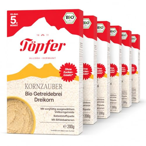 Töpfer Kornzauber Bio Getreidebrei Dreikorn – Babybrei ab dem 5. Monat – Vollkornhafer, Dinkel & Gerste – leicht verdaulich – ohne Zuckerzusatz & ohne Aromen – 6x200g