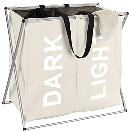 WENKO Wäschesammler Duo Beige, stabiler Wäschekorb mit Deckel und praktischen Tragegriffen, viel Stauraum mit 120 l und zwei Fächern, (B x H x T): 59 x 57 x 38 cm, moderne Aufschriften Dark, Light