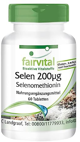 fairvital selen 200µg tabletter av selenmetionin, HÖGDOSERADE, 60 tabletter, lättsvälta, kvalitetskontrollerade och högdoserade, 100% veganska, tillverkade i Tyskland