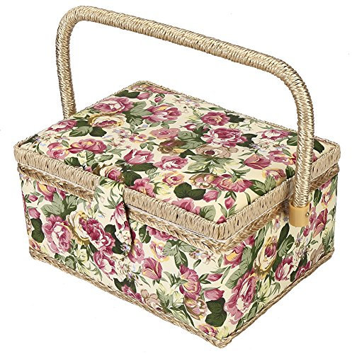 Nähkorb mit Stoffbezug, 3 Farben, handgefertigt, Holz, Aufbewahrungskorb, Stoffhandwerk, Nähset, Aufbewahrungsbox mit Griff und herausnehmbarem Tablett für Nähzubehör (1)
