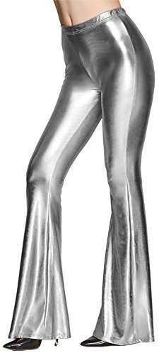 FYMNSI Damen Metallic Glänz Schlaghose Weite Bein Palazzo Hosen Hoher Bund Boot Cut Glitzer Lange Hose Schlanke Leggins Einfarbig Wet Look Stretch Leggings Tanzhosen Party Disco Clubwear Silber L