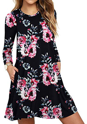 PCEAIIH Women's Long Sleeve Pocket Casual Loose T-Shirt Dress Print Black