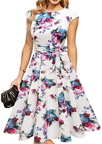 DRESSTELLS Robe Cocktail Mariage Vintage Robe Casual Femme Robe de Soiree Femme Robe baptême col Rond Manches Courtes Fleur Blanche M