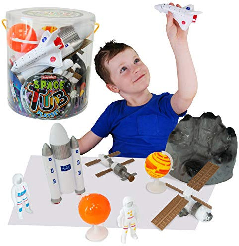 Deluxebase Tub Playset - Space from Space Toy Set for Kids. Imagination toys including Astronauts, Planets, Toy Rocket, Space Shuttle, Satellite and a space moon rock
