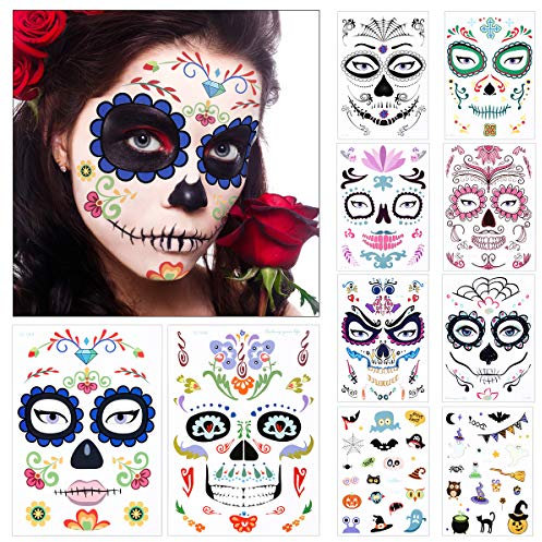 10 hojas Halloween Tatuaje Temporal Cara Día de Muertos Esqueleto Cráneo Pegatinas para Especial Costume Maquillaje