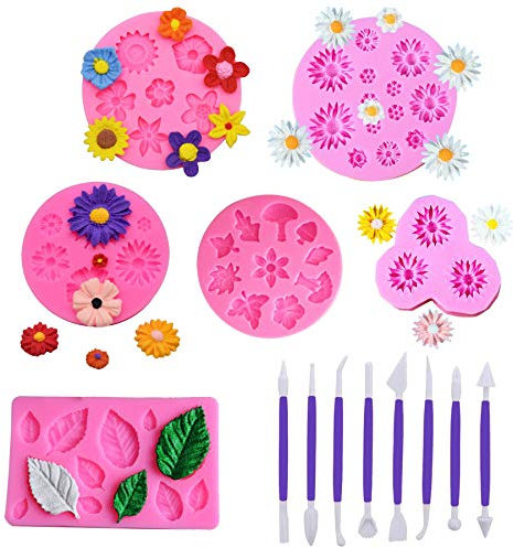 N|A Woohome 6 Stück Silikonform Muschel Fondant Backen 3D Silikon Backformen Set Sonnenblumenform, Gänseblümchenform, Blätterform für Geburtstagsbabyparty Weihnachten