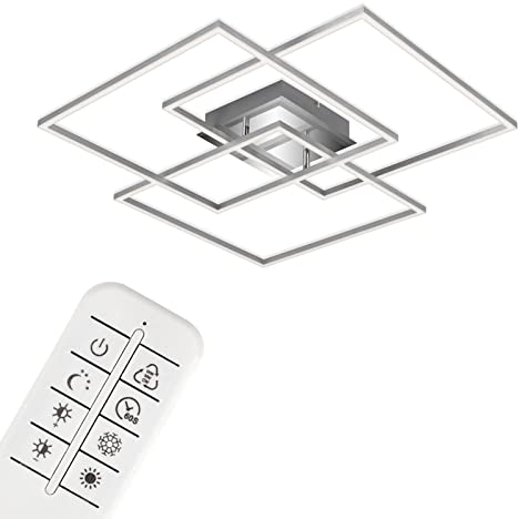 BRILONER Leuchten - LED Deckenleuchte, Deckenlampe dimmbar, inkl. Fernbedienung, Farbtemperatursteuerung, Nachtlichtfunktion, Timer, 52 Watt, 4.800 Lumen, Chrom-Alu, 703x703x100mm (LxBxH), 3097-018