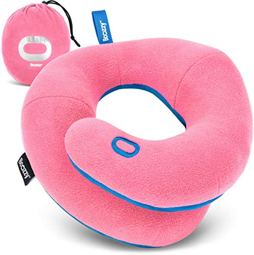 BCOZZY Kids Chin Supporting Travel Pillow for Ages 8–12- Patented Soft Neck Pillow for Head and Chin Support in Car Seat and Airplane. Comfortable Travel Essential. Medium Size, Bag, Pink