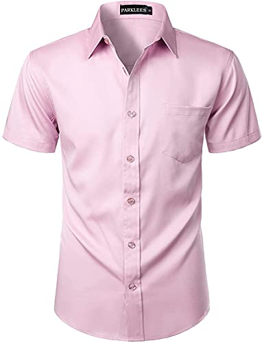 PARKLEES – Chemise décontractée à manches courtes et boutonnée pour homme avec poche, rose, XL