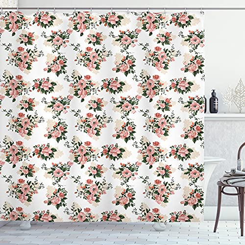 ABAKUHAUS Blumen Duschvorhang, Englisch Garten Nostalgie, Stoffliches Gewebe Badezimmerdekorationsset mit Haken, 175 x 200 cm, Getrocknete Rose Beige