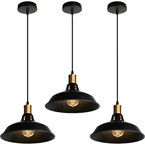 TOKIUS Retro Pendelleuchte, Ø27cm Hängelampe Vintage Industrial Style Metall Deckenleuchte E27 Fassung Hängeleuchte für Esszimmer Küche Restaurant (Schwarz, 3 Stücke)