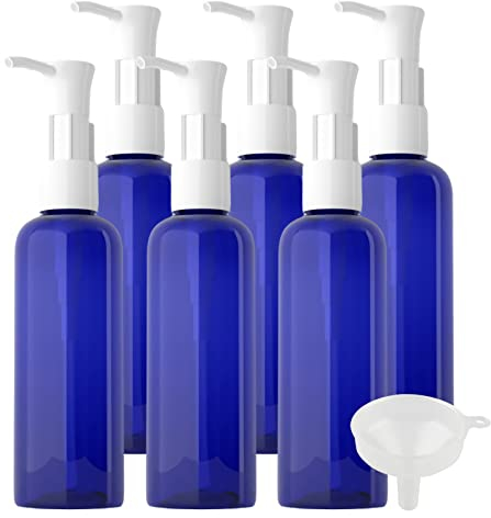 TIANZD 6 Pièces 100ml Bleu Distributeur en Plastique de Bouteilles Vides avec Pompe Blanc pour Cosmétique Huile Démaquillante Savon Lotion Gel Huile Essentielle Voyager