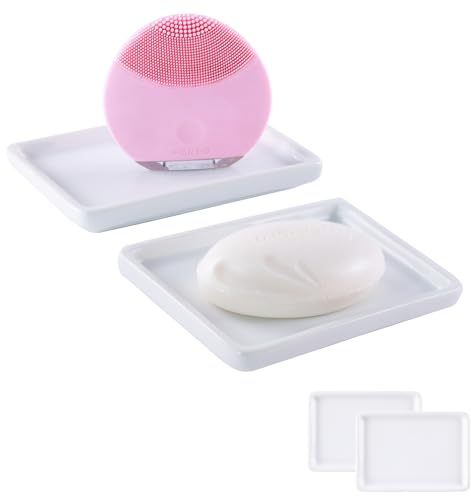 WondMall 2 bandejas de jabón de cerámica, Bandeja de tocador, Organizador de baño para Velas y Joyas, Anillos, Perfume y champú, Rectangular pequeño, Color Blanco