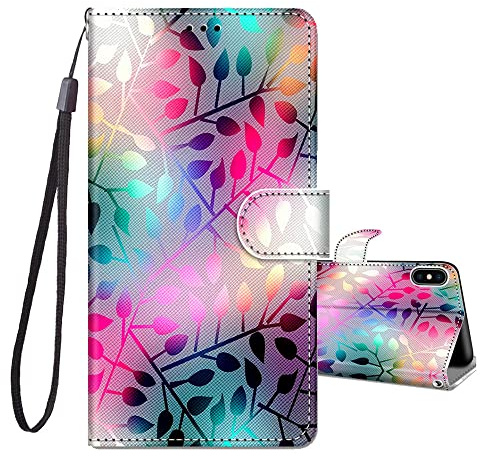 JRIANY Wallet Flip Case for iPhone X/XS with Card Holder, Leaves H | PU Leather Phone Case with Card Slots, Cute Pattern Animal Design, Shockproof Protective Cover, Wrist Strap, Magnetic Closure