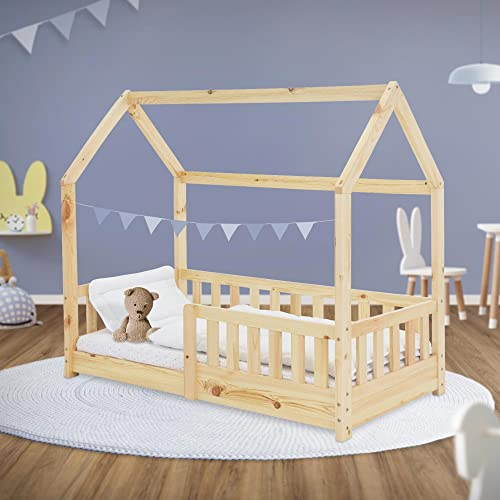 ML-Design Kinderbett 70x140 cm mit Rausfallschutz, Dach und Lattenrost, Natur, Massivholz Kinder Bett, Hausbett für Mädchen/Jungen, Bettenhaus aus massivem Kiefernholz, Bodenbett Jugendbett Kinderhaus