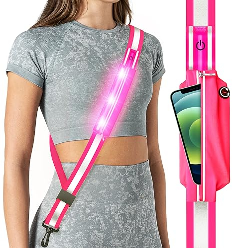 Fokia Kunbio LED Reflektierende Gürtelschärpe für Spaziergänge in der Nacht, Nachtlaufen, Sicherheitsausrüstung, hohe Sichtbarkeit, LED-Licht, Laufgürtel für Läufer, Walker, Herren, Damen (Rosa)