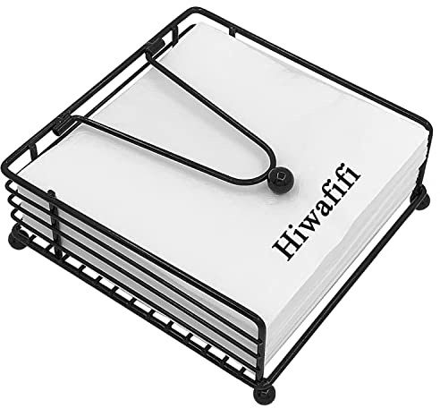hiwafifi Napkin Holder for Table, Flat Napkin Dispenser with Weighted Arm, Square Cocktail Paper Holder of Elegant Rustic Iron for Kitchen Dining Room Decor Restaurant Farmhouse Hotel Party, Black