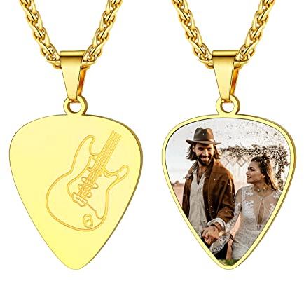 U7 Halskette mit Foto Damen Plektron Gitarre Anhänger Musik Plektrum Kette mit Foto Gravur Text Kettenanhänger Photo Pendant Necklace Bild Custom Goldkette Gitarrenanhänger Modeschmuck für Papa