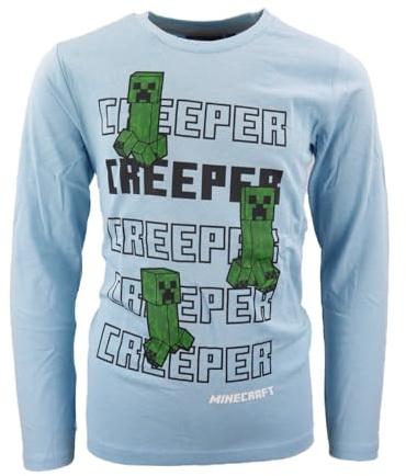 Minecraft Creeper Kinder Langarmshirt – Gamer Shirt für Jungen – 100% Baumwolle – Größen 116 bis 152 – Hellblau oder Dunkelblau