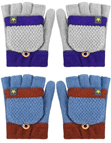 2 Paar Kinder Fingerlose Fäustlinge Winter Strickhandschuhe Wandelbare Handschuhe für Junge 5-12 Jahre (Blau, Hellgrau)