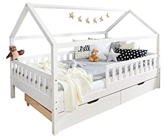 TiCAA Kinderbett Hausbett Kay 90x200 inkl. Schubkästen Kiefer weiß