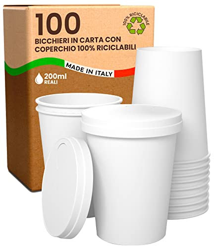100 Bicchieri in Carta Bianchi 200ml con Coperchio in carta Ecologici Biodegradabili Monouso Made in Italy da Asporto Bevande Calde Acqua + 100 coperchi - Prodotto e confezionato in Italia
