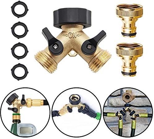 Frunimall 2 Wege Verteiler Wasser 3/4 Zoll,Y Verteiler 3/4 Zoll Schlauchanschluss für 2 Waschmaschinen,Wasseranschluss Verteiler mit 2 Ventilen,Wasserhahn Splitter mit Unterlegscheibe,Rohstreifen