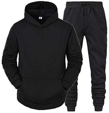 QWUVEDS Men and Women Sports Sets Autumn and Winter Leisure Plain Hoodie Trousers with Tassels Sports Suit Tracksuit Jacket Men, 0602A-black, L