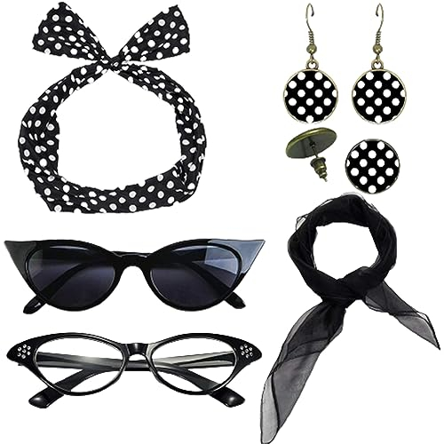 6TLG Rockabilly Accessoires 50er Jahre Damen Kleid Zubehör 1950s Kostüm Set mit Chiffon Schal Polka Dot Stirnband Katzen Auge Brille 60er Jahre Kleidung für Motoparty Retro Teily Party, Schwarz