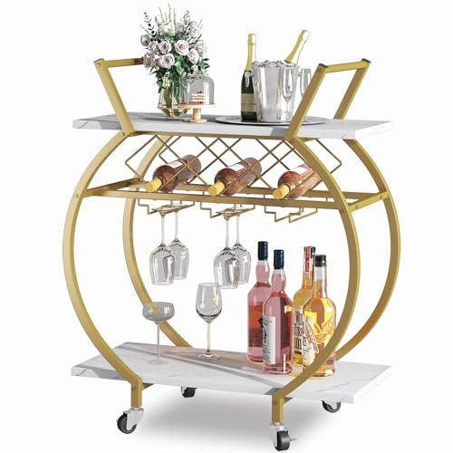 Azheruol Gold-Barwagen, 2 Etagen, rollender Servierwagen mit Weinregal und Rädern, moderner runder Weinwagen aus Metall, industrielle mobile Aufbewahrung, Küchenwagen für Küche, Bar, Wohnzimmer