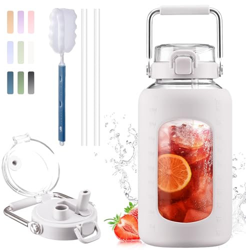 BLUEGO 2500ml Bouteille d'eau en verre avec poignée en acier inoxydable 2,5L Grande Gourd avec marqueurs de temps et manchon en silicone Carafe à eau Sans BPA pour sport, Blanc