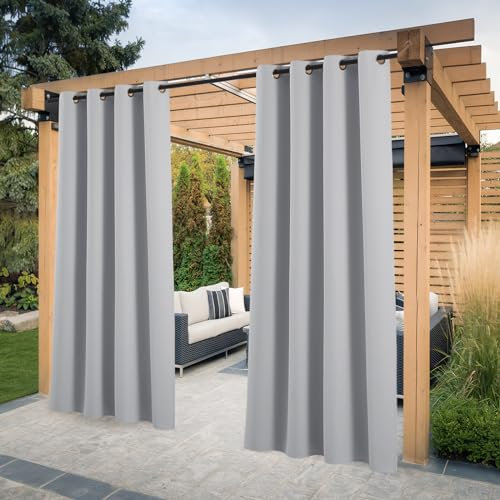 PONY DANCE Outdoor Vorhang Wasserdicht 2 Stücke Outdoor Gardinen Sonnenschutz & Sichtschutz Outdoorvorhänge Wetterfest mit Ösen für Pavillon/Terrasse, H 243 x B 132 cm, Silbergrau