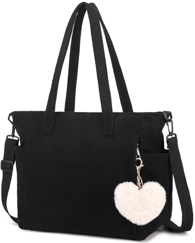 Makukke Cord Tote Bag Tasche Damen Umhängetasche Groß Shopper Tasche Handtasche Schultertaschen für Arbeit Büro Reisen Einkaufen Schule, Schwarz Tasche