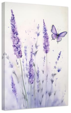ZXHYWYM Lavendel Wanddekoration lila Blumen Bilder auf Leinwand Schmetterling florale Kunstwerke Drucke Aquarell Mädchenzimmer Badezimmer Küche Heimdekoration mit Rahmen (D (40.00 x 60.00 cms))