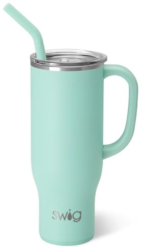Swig Life Mega tazza, bicchiere da 880 ml, con manico e cannuccia, adatto al portabicchieri, lavabile in lavastoviglie, bicchiere isolante extra large, bottiglia d'acqua in acciaio inox (vetro marino)