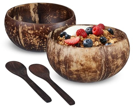 Relaxdays Coconut Bowl Set of 2, with Wooden Spoons, for Cereal, Smoothies etc, 7.5 x 13 x 13 cm, Tropical Vibe, Brown, Coco