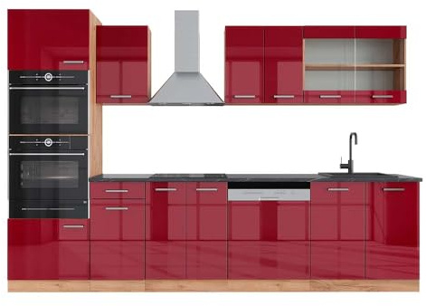 Vicco Küchenzeile R-Line, Rot Hochglanz/Goldkraft Eiche, 300 cm | 8 Module · Höhenverstellbare Füße · Arbeitsplatte Anthrazit · Robuste Fronten · Mit Backofen-/Mikrowellenschrank