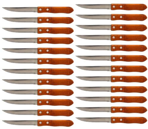 Acan Tradineur Lot de 24 couteaux de scie à viande, lame en acier inoxydable de 10 cm et manche en bois, couverts classiques, passent au lave-vaisselle, 21 cm