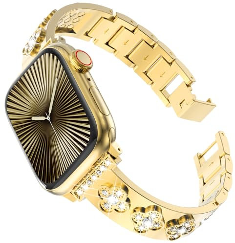CHANCHY Compatible con Apple Watch Pulsera para Mujer 38 mm 40 mm 41 mm 42 mm 44 mm 45 mm Pulsera de diamantes de imitación de acero inoxidable para iWatch Series 9 8 7 6 5 4 3 2 1 SE (dorado, 42 mm