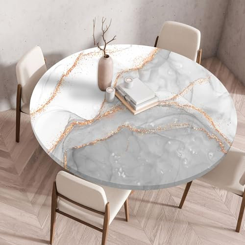 Mateju Outdoor Runde Fitted Tischdecke, Wasserdicht Lotuseffekt Gartentischdecke Abwaschbar Wischbare Gummiband Tischdecke Elastisch Rund Tischdecken (Marmoriertes Grau,130cm)