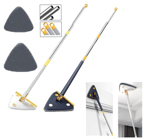 Hooha 2-in-1 Fensterputzer Dreieck Wischmopp mit 360° Drehbarem Teleskopstiel 127cm, Auswringfunktion, Abzieher und 2 Mikrofaserbezügen für Glas/Boden/Badezimmer/Fenster (weiß)