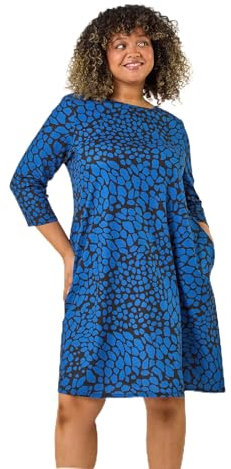 Roman Originals Tunic Dress with Pockets for Women UK Ladies Swing Fit & Flare Skater Slouch Stretchy Casual Smart Winter Jersey Pull On Work Office 3/4 Long Sleeves - Blue Black - Size 20