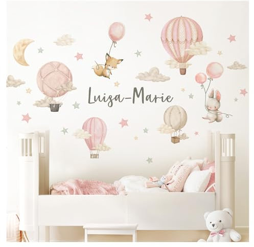 Little Deco Wandsticker Kinderzimmer Tiere Heißluftballon personalisiert Wandtattoo Fuchs Maus Wandaufkleber mit Name Babyzimmer Deko DL5121-03