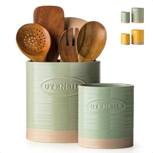 YHOSSEUN Kitchen Utensil Holder, 6.7+5.1 Ceramic Utensil Holder for Kitchen Counter, Oval Cooking Utensil Crocks for Countertop, Utensil Storage Organizer Set of 2, Green