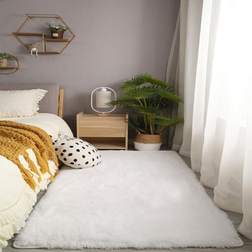 Wohnzimmer Teppich Hochflor Teppich 80 x 200 cm Modern Einfarbig -Teppiche Uni Teppich Extra Weich Flauschige Oberfläche, Pflegeleicht Und Robust, Super Soft, Weiß