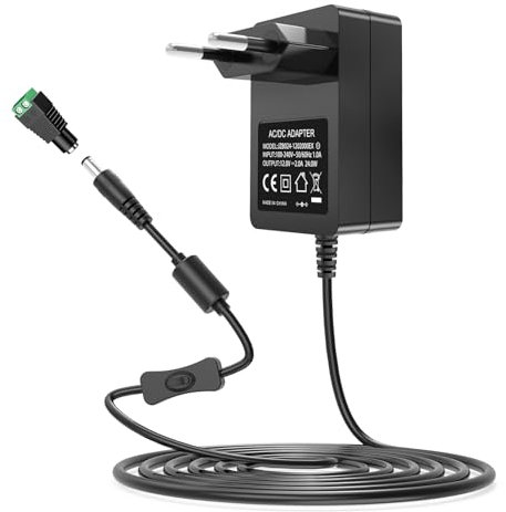 Alimentation 12V 2A Alimentation LED 12V, avec Alimentation à découpage Jack 5,5 * 2,5 mm Prise EU Compatible avec Adaptateur Secteur 12V 1.5A 1A 0.5A, Cordon d’Alimentation de 6 Pieds