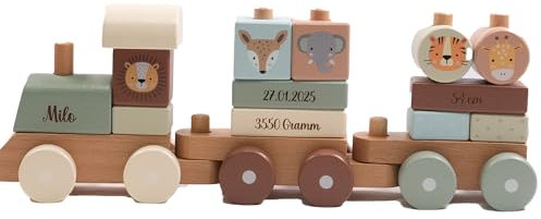 minipishop® personalisierte Geschenke Baby I Holz Eisenbahn Geburtszug Mint als Geschenk Geburt Junge Stapelspiel mit Name Geburtsdaten I Safari Tiere