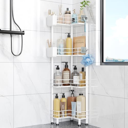 Orimade Duschablage ohne Bohren,4 Stück Duschregal Ecke mit 2 Haken und 2 Aufbewahrungsbox,Duschkörbe Stand für Badezimmer Shampoo und Duschgel Weiß