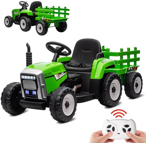 HAUSPROFI 12V 3-Gang Kinder Elektroauto mit Anhänger, Elektro Traktor 2 Fahrmodi, 2,4G-Fernbedienung, Kinder Traktor LED-Licht, Bluetooth, Musik, USB, Elektrischer Traktor für kinder ab 3 Jahren, Grün