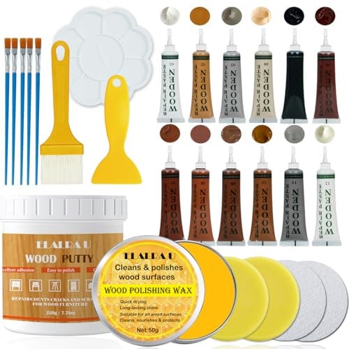 Wood Furniture Repair Kit, 26pcs Laminate Floor Repair Kit, 12 Colors Touch Up Filler, Wood Putty & Beeswax, Furniture Repair Kit for Repair Scratches, Cracks, Hole for Table, Door, Easy to Use
